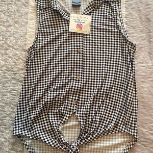 Brand new stretch button up, tie bottom.